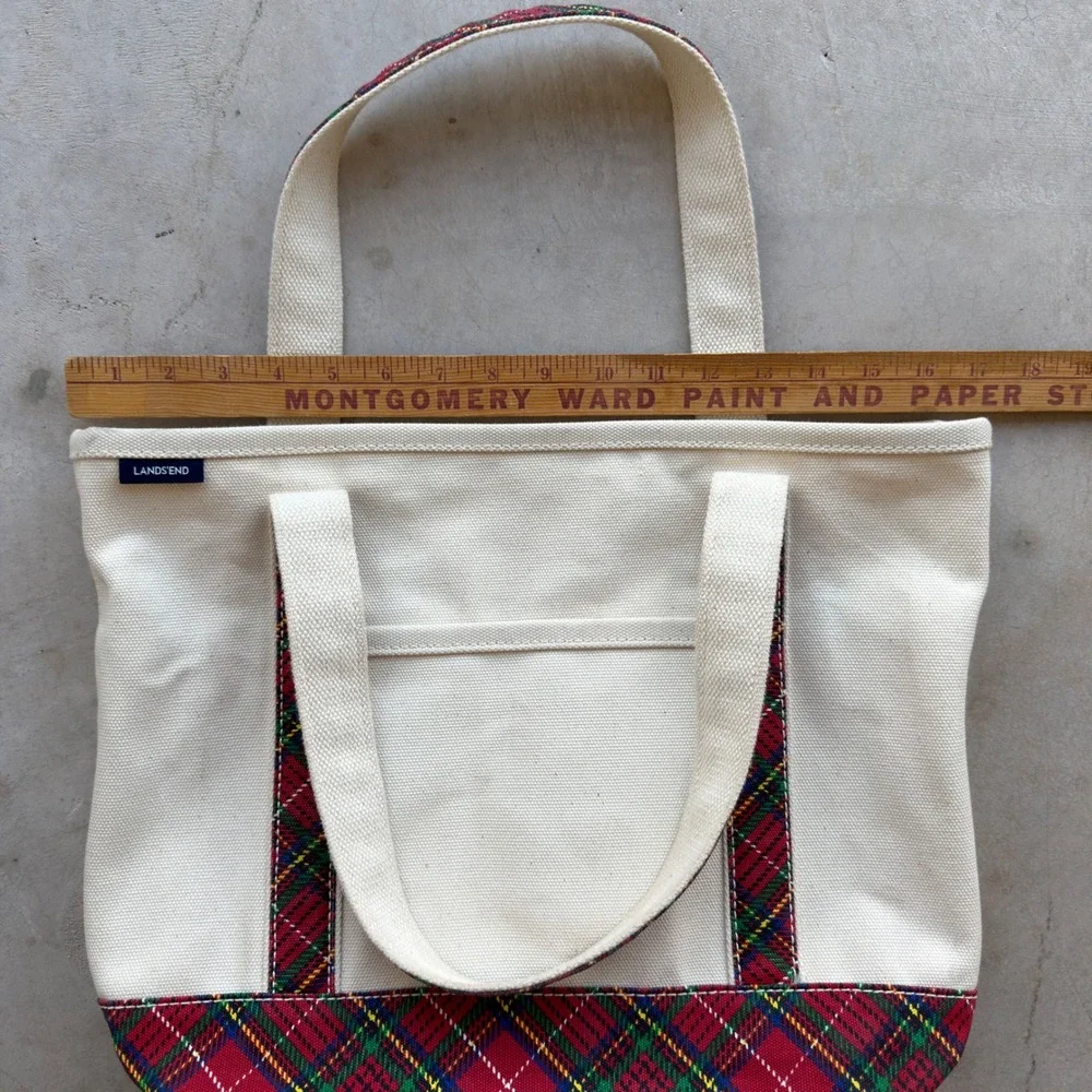 Lands End Canvas Tote Bag Cream Red Plaid Tartan Holiday Medium Open Top